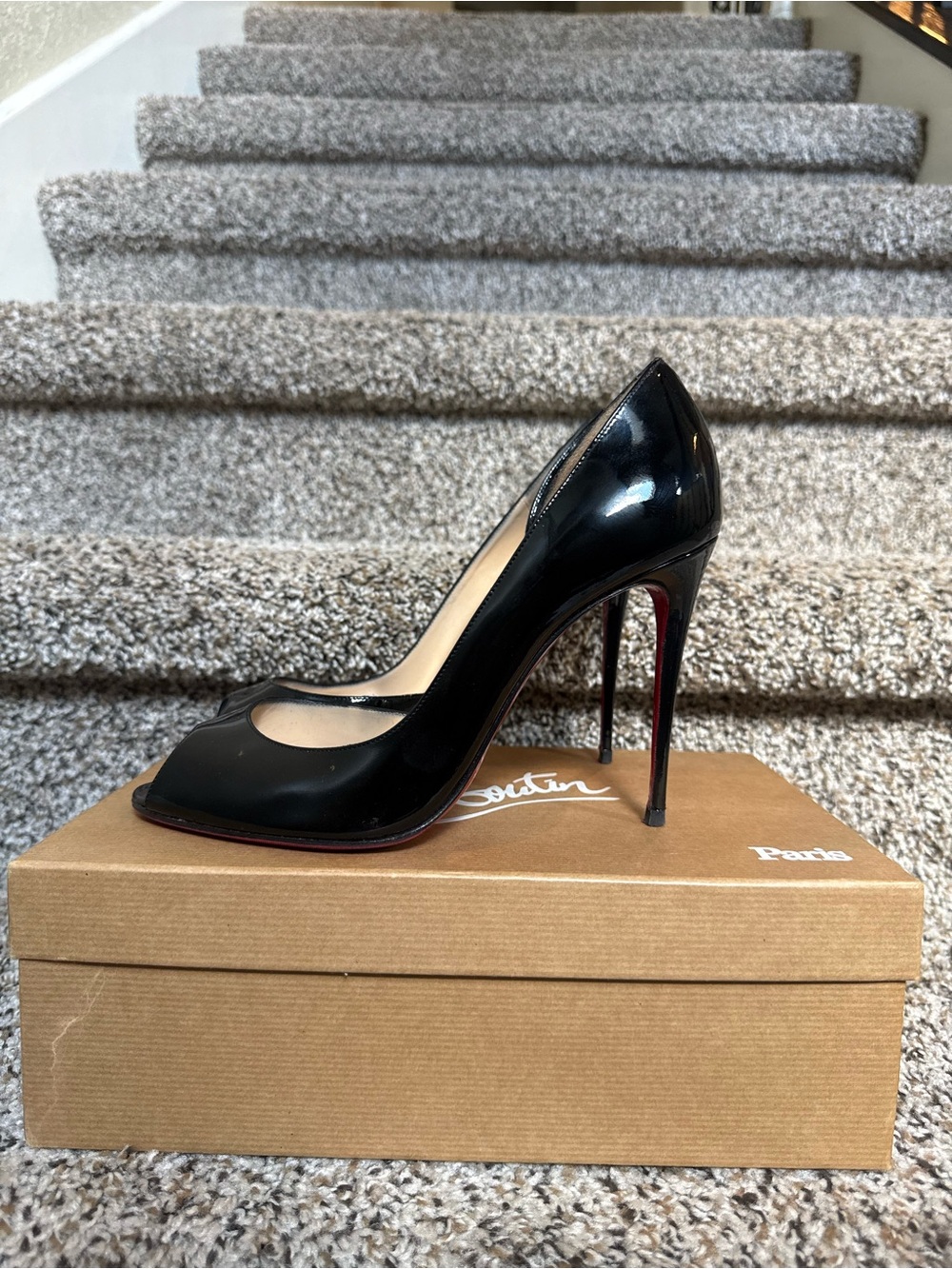 Christian Louboutin Demi You 100 Black Patent Peep Toe Pumps EU 39